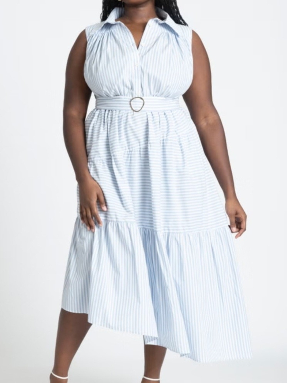 Eloquii Light Blue and White Striped Collared Belted Midi Dress